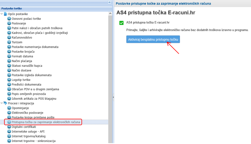 Aktiviranje besplatne pristupne točke u programu e-racuni.hr
