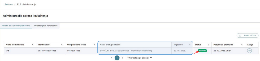 Potvrda adrese za zaprimanje e-računa putem pristupne točke E-RAČUNI d.o.o.