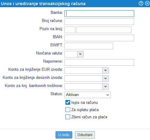 Dodavanje bankovnog računa
