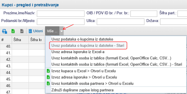 Opcija za uvoz kupaca iz unaprijed prilagođene datoteke
