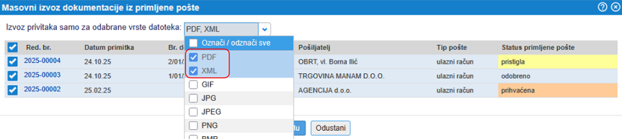 Odabir tipova datoteka koje želimo izvoziti