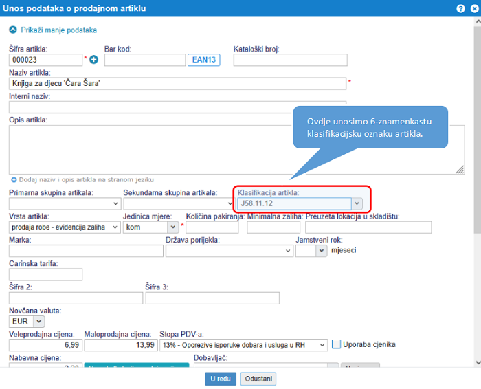 Povezivanje artikla s klasifikacijskom oznakom