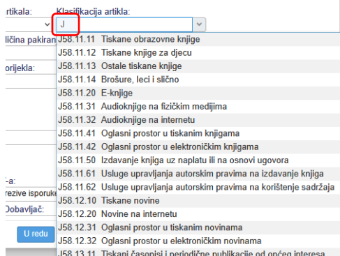 Pretraživanje klasifikacijske oznake po početnom slovu iz NKD