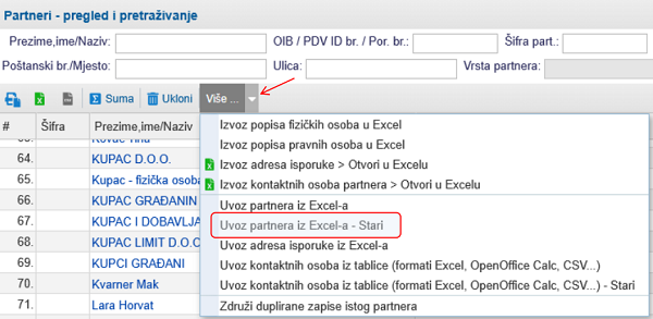 Izbornik s dodatnim mogućnostima za uvoz partnera
