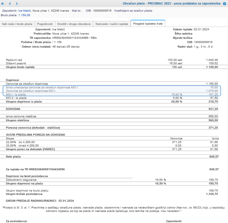 Automatski izračun iznosa umanjenja mjesečne osnovice pri izradi obračuna plaće za zaposlenika s brutom plaćom manjom od 1.300,00 eura