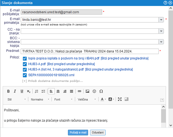 Potvrda e-mail adrese primatelja i priloženih datoteka