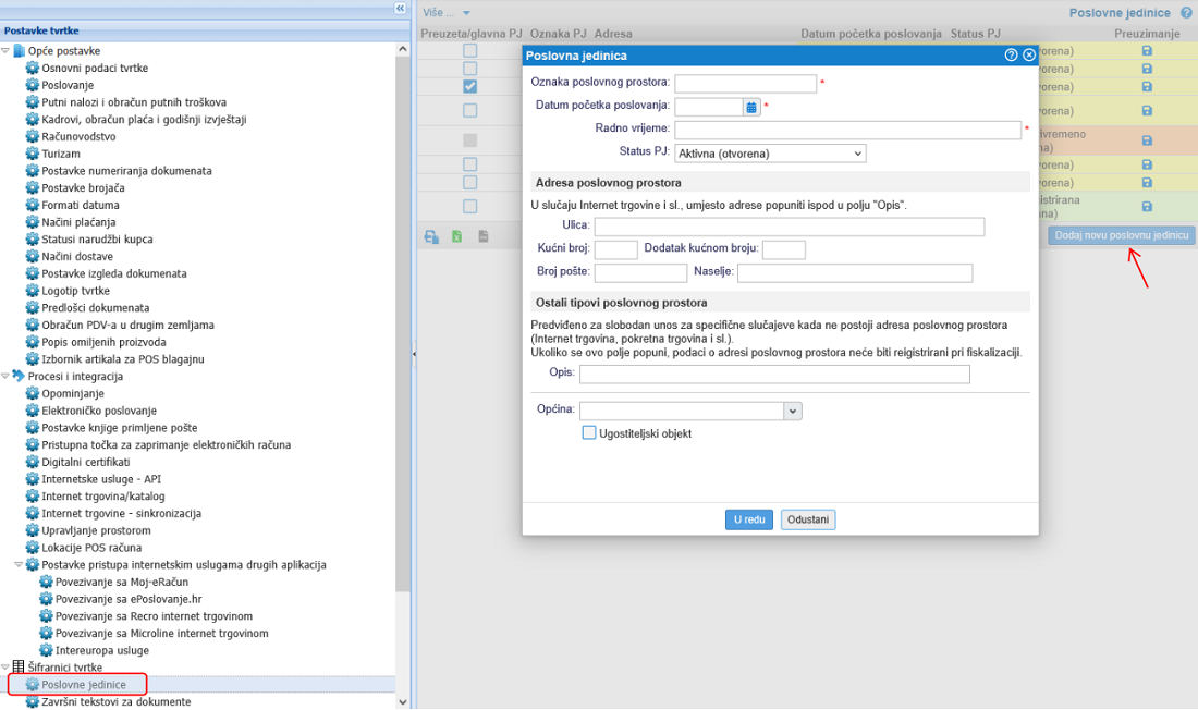 Dodavanje nove poslovne jedinice u šifrarnik