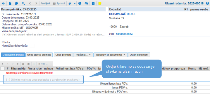 Dodavanje stavke na ulazni račun