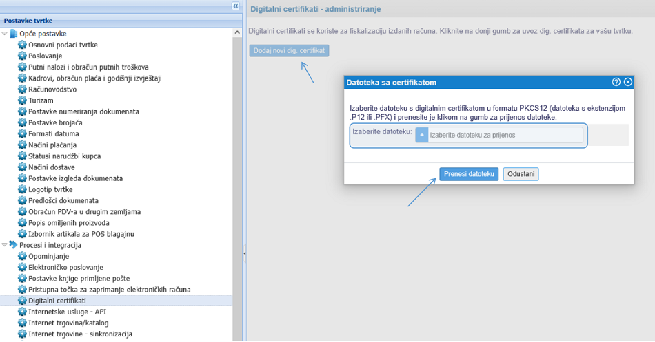 Uvoz digitalnog certifikata za fiskalizaciju