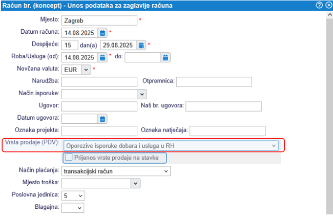Zadavanje vrste prodaje na razini računa