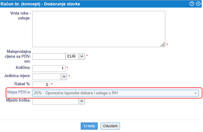 Zadavanje vrste prodaje na stavci računa