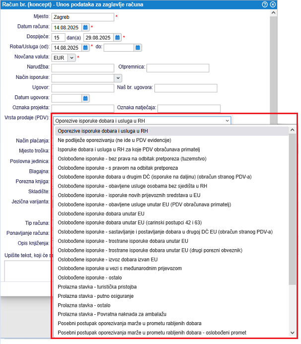 Uređivanje vrsta prodaje na dokumentu
