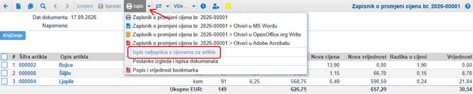 Ispis naljepnica s novim cijenama izravno iz nivelacije