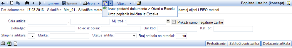 Uvoz Excel datoteke u popis zaliha