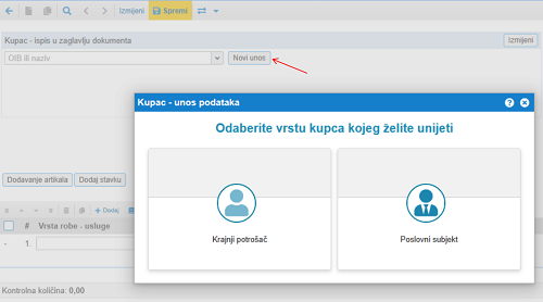 Odabir vrste kupca pri dodavanju novog kupca na račun