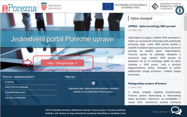 Prijava u sustav ePorezna na stranici Porezne uprave