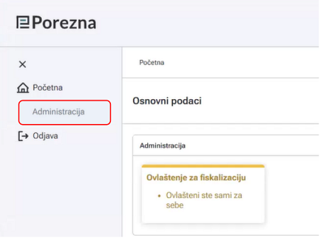 Pristup modulu Administracija u FiskAplikaciji