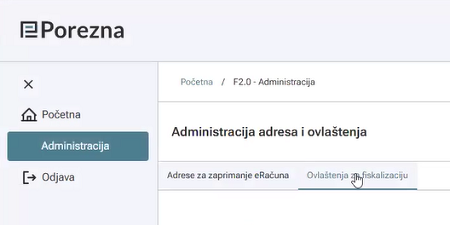 Otvaranje kartice Ovlaštenja za fiskalizaciju unutar modula Administracija