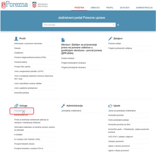 Pristup FiskAplikaciji unutar aplikacije ePorezna