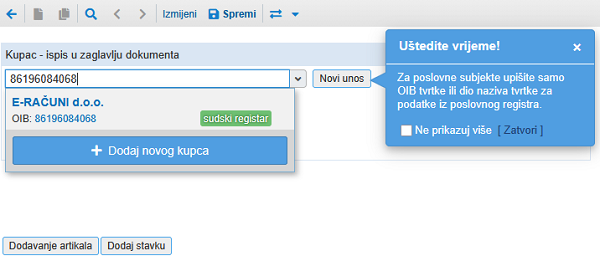 Dodavanje kupca B2B na eRačun pretraživanjem po OIB-u