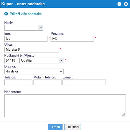 Dodavanje kupca - krajnjeg potrošača (B2C)