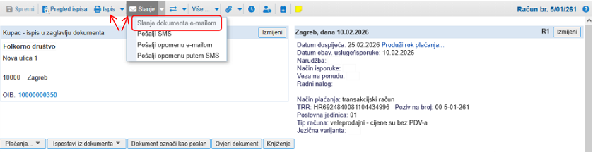 Ispis ili slanje računa e-poštom