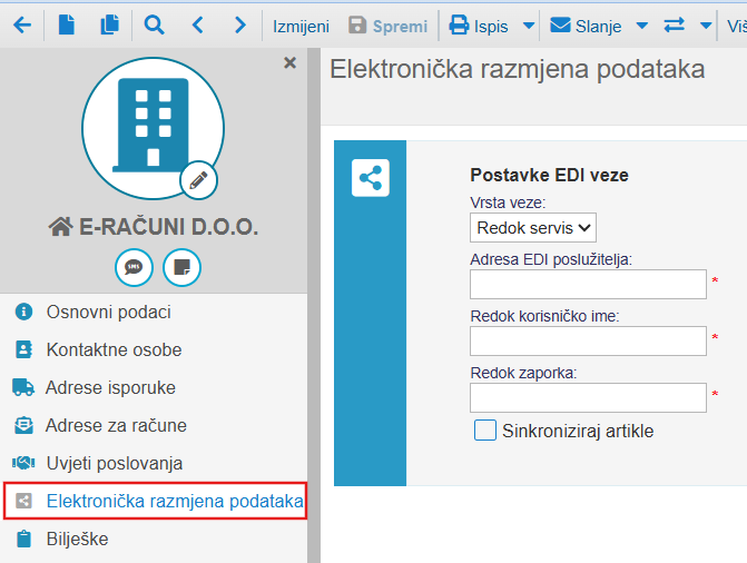 Unos podataka za slanje dokumenata kupcu