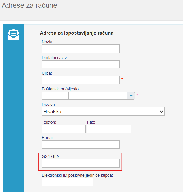 Unos GLN broja u Adresa za račune