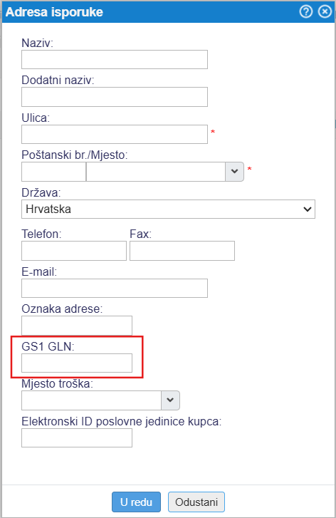 Unos GLN broja u Adrese za isporuku