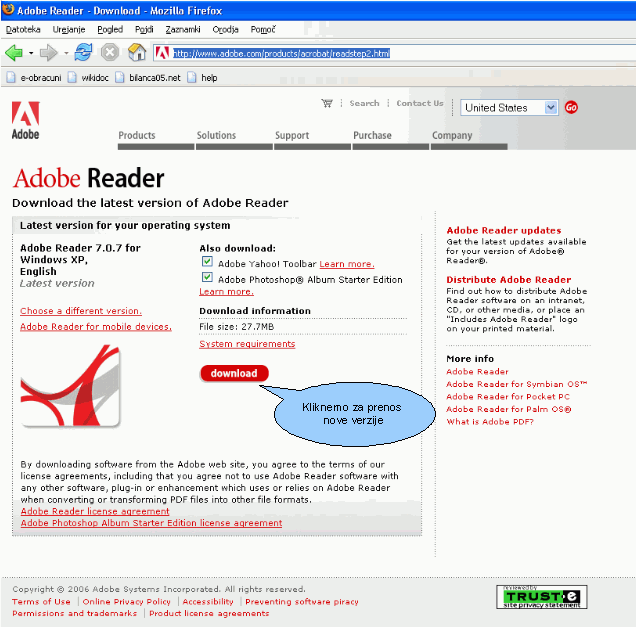 Na ovoj strani možemo preuzeti najnoviju verziju Adobe Acrobat Readera