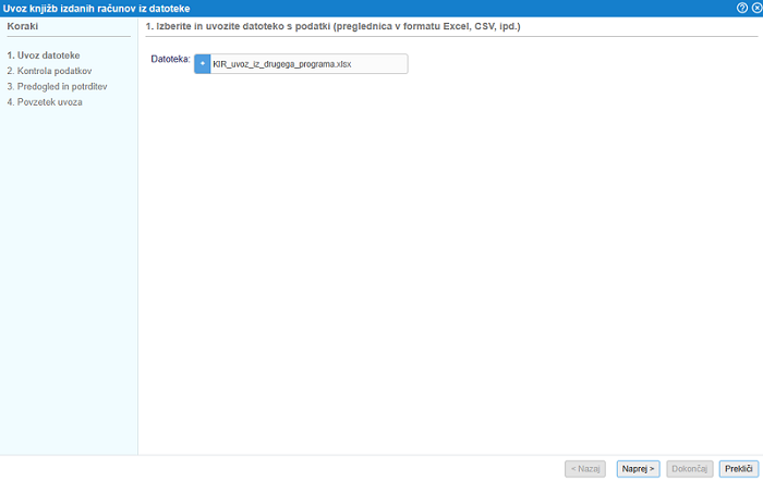 Izbira datoteke za uvoz evidenc IR