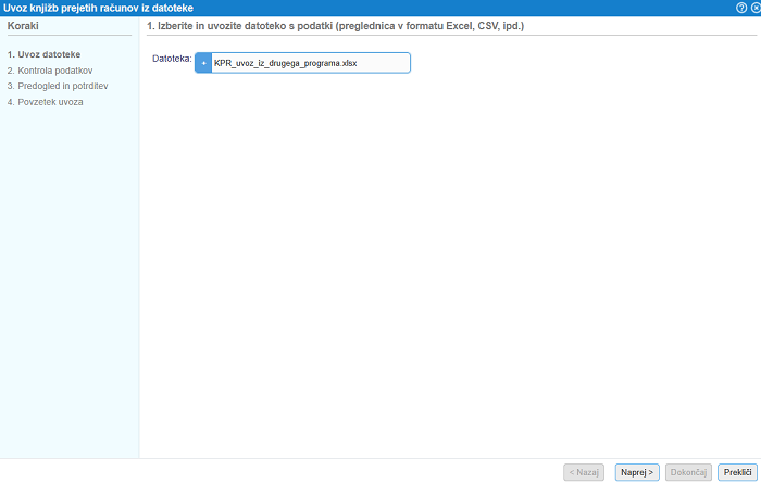 Izbira datoteke za uvoz evidenc PR