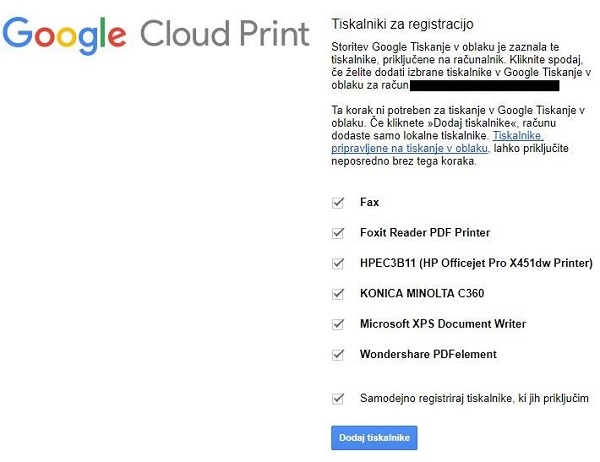 Izbira tiskalnikov, ki se bodo uporabljali v Google Cloud Print