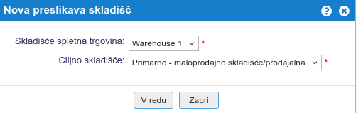 "Warehouse 1" iz spletne trgovine bo preslikano v skladišče "Primarno"