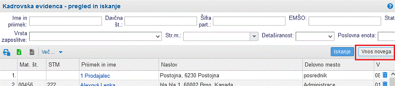 Vnos podatkov zaposlenega