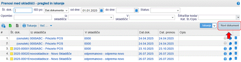 Pregled in iskanje v seznamu medskladiščnih prenosov