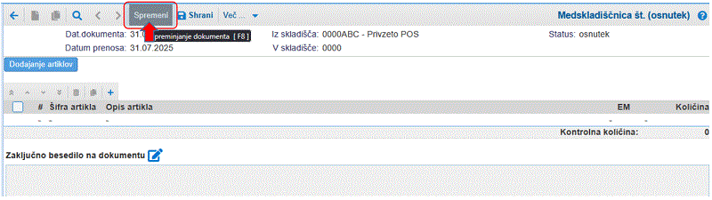 Urejanje podatkov medskladiščnih prenosov