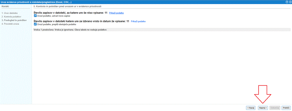 Dodatne nastavitve pred potrditvijo uvoza podatkov