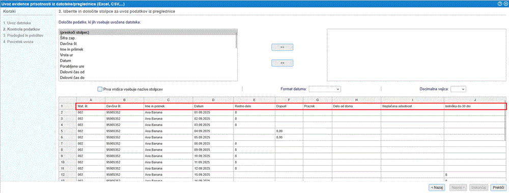 Prikaz podatkov z zaporedjem stolpcev iz datoteke