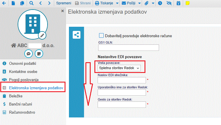 Vnesemo podatke na dobavitelju za povezavo z REDOK