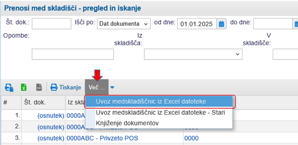 Izberemo opcijo za uvoz medskladiščnic iz datoteke