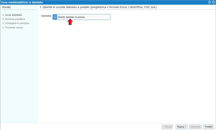Izbira datoteke za uvoz medskladiščnih prenosov