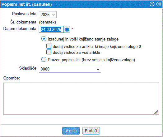 Vnesemo kriterije za pripravo inventurnega lista