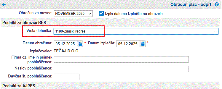 Kreiranje novega obračuna zimskega regresa